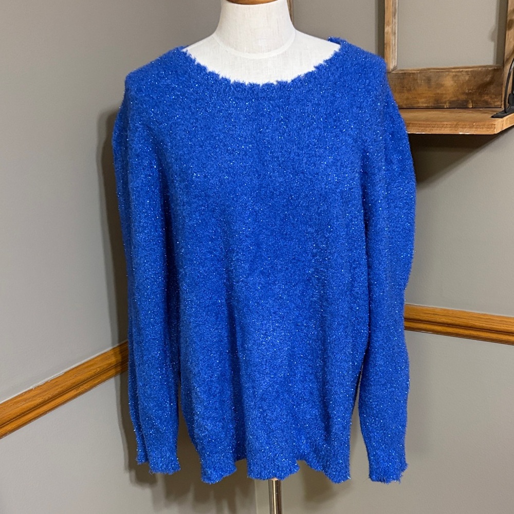 Sandrine Rose by free people sparkly blue sweater with raw edges size Medium